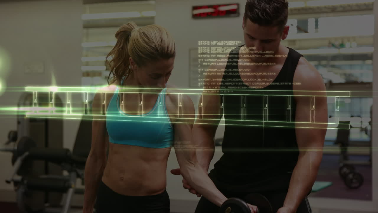 animación de procesamiento de datos y cadena de adn sobre pareja caucásica en el gimnasio