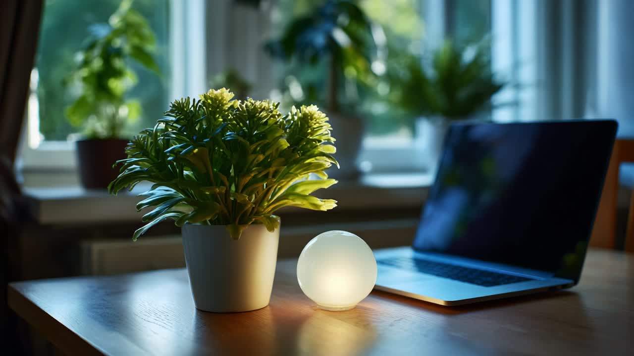 A serene indoor setting featuring a cozy desk with a glowing orb lamp placed beside a vibrant potted plant, complemented by a sleek laptop, creating a tranquil workspace amid lush greenery and soft evening light