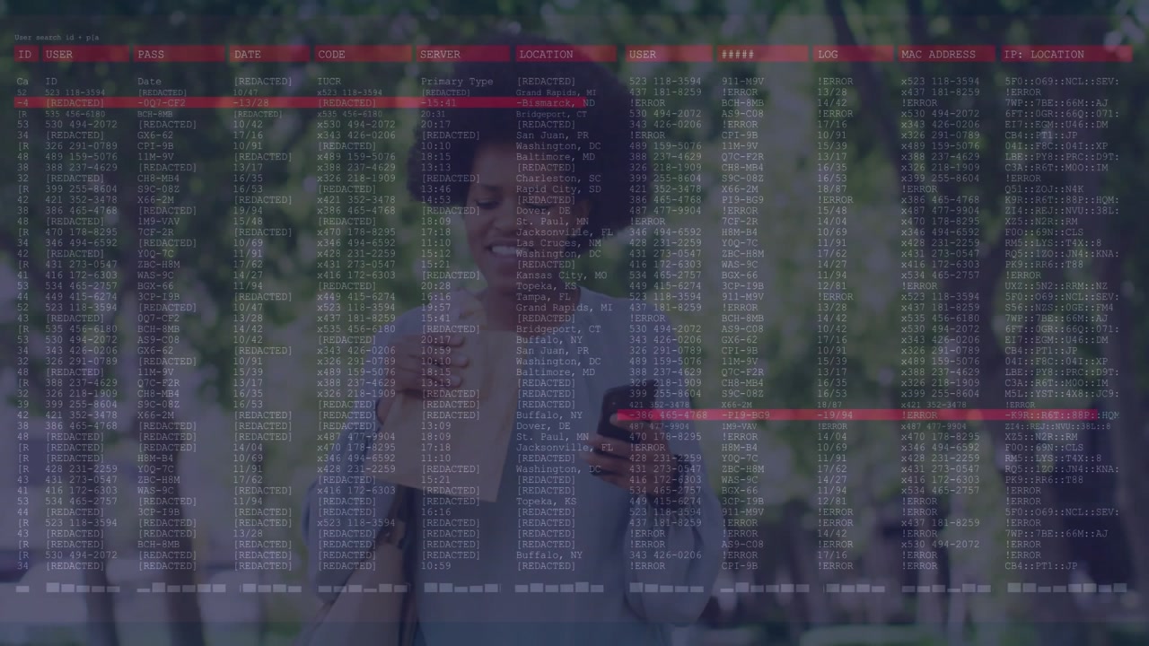 mid adult woman holding smartphone while interacting with digital data logs overlay in technology