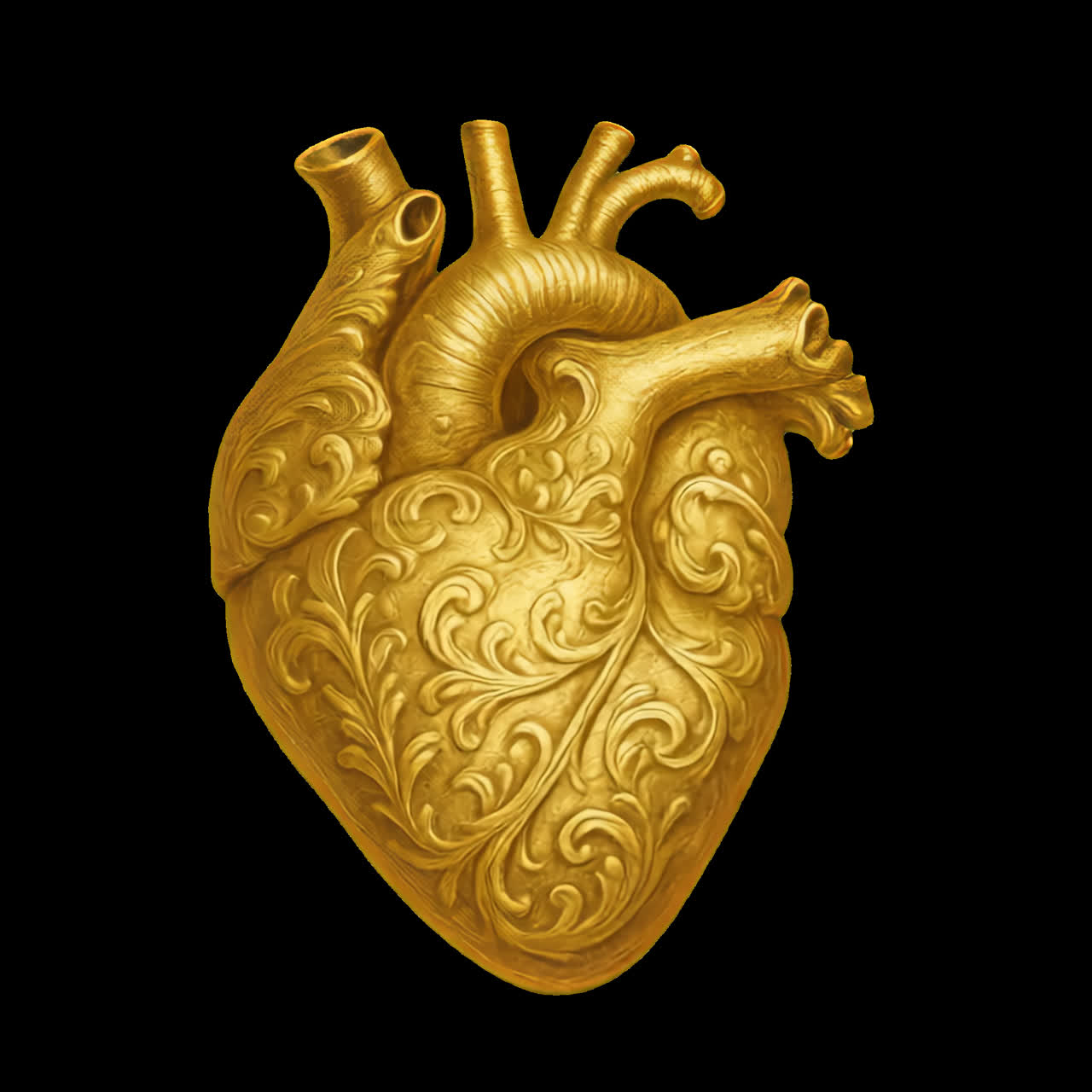 Risorsa animata isolata con illustrazione di cuore dorato decorato, video 4K trasparente, canale alfa