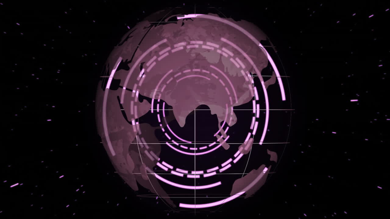Animation of rotating digital globe with pink circular patterns on dark background