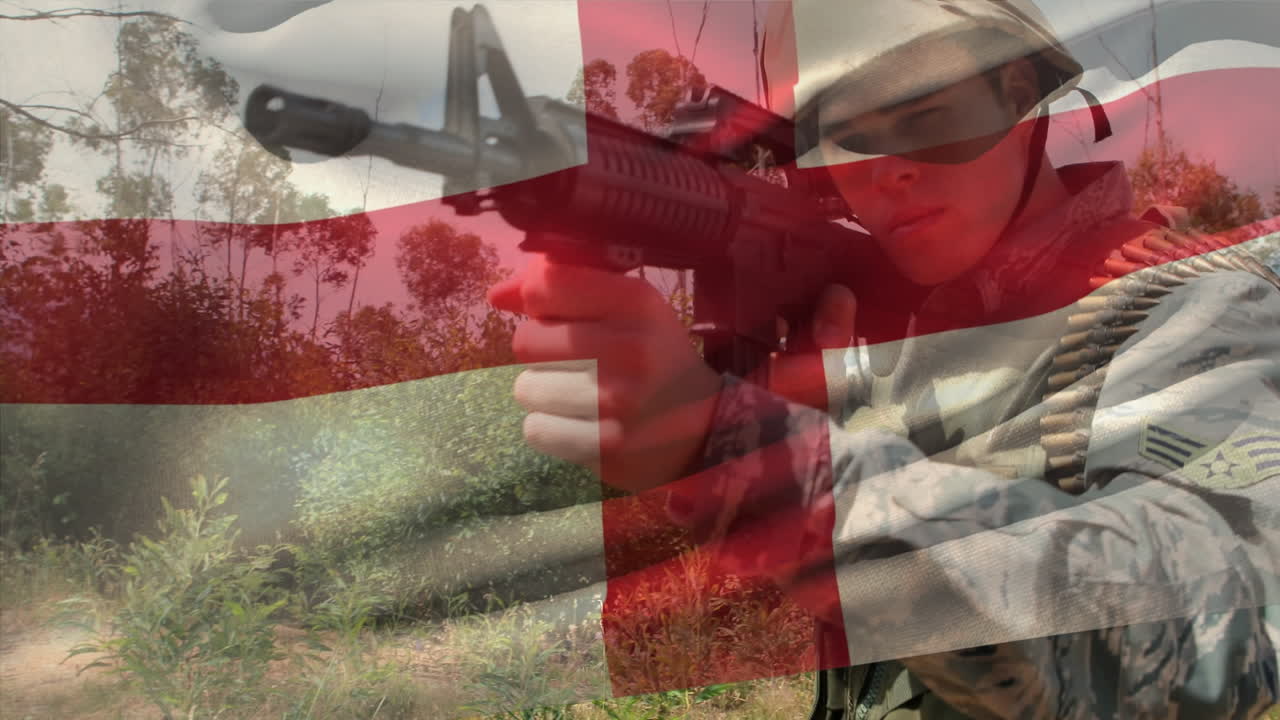 animación de la bandera de inglaterra sobre un soldado caucásico con un arma