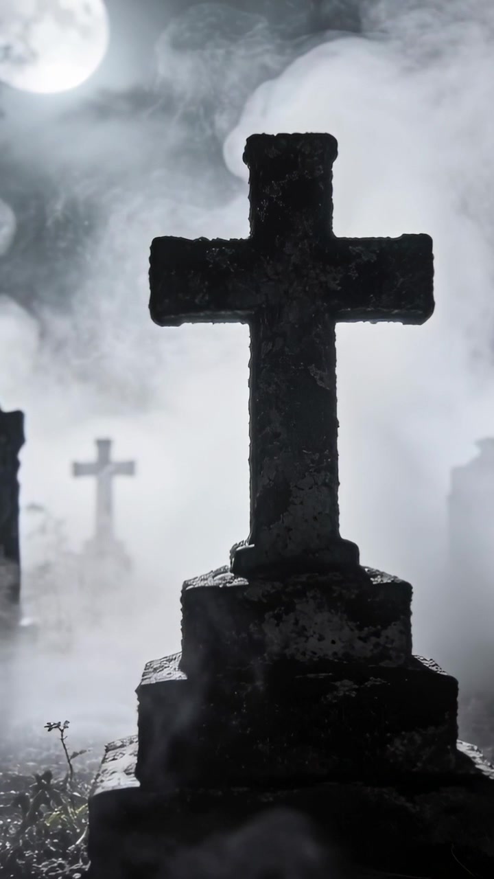 Video verticale: Croce di pietra in piedi in un cimitero mentre la luna muove la nebbia facendola vorticare, croce distante