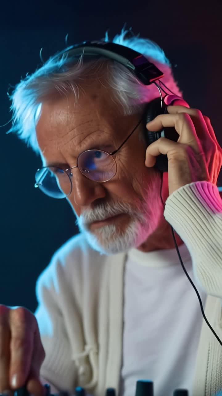Un homme âgé mixe de la musique avec une expression concentrée. Des lumières néon l'enveloppent de tons roses et bleus. Un casque repose sur ses épaules tandis qu'il ajuste les commandes. Il est profondément engagé, les yeux fixés sur l'équipement.