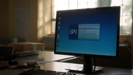 an office desk with a computer monitor