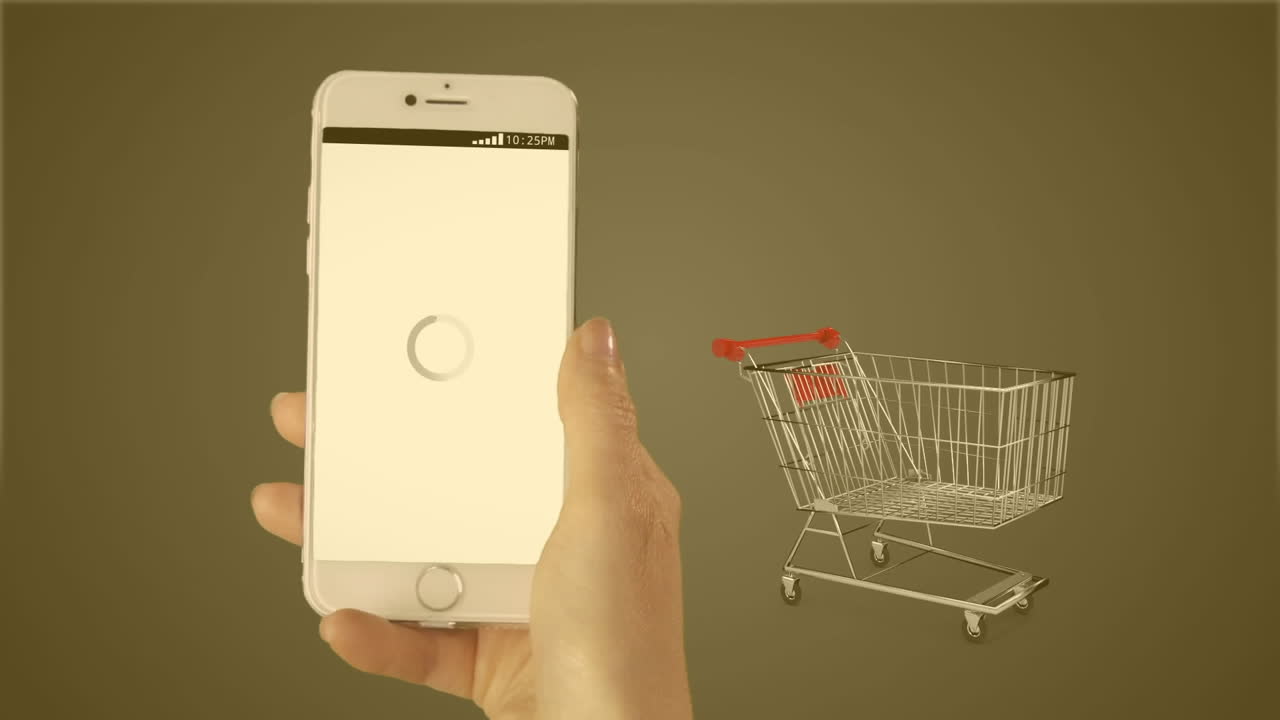 анимация руки с смартфоном над корзиной покупок