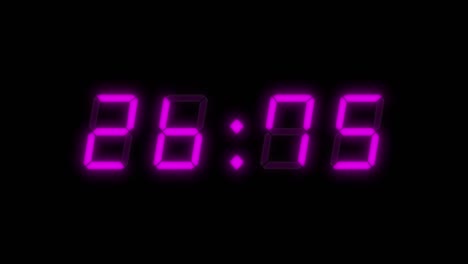 4-digit, 30 second digital clock countdown timer. magenta or purple numbers on black bg. digital alarm clock with flashing red warning light