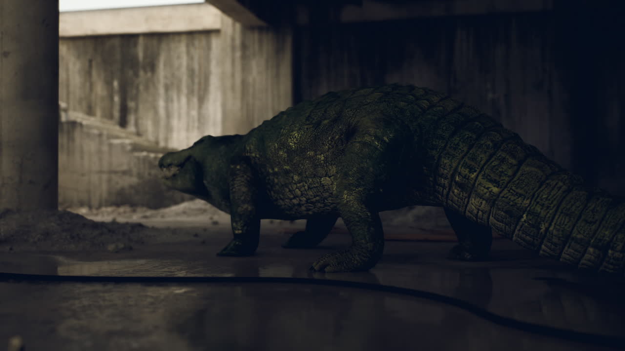 Crocodile exploring a dimly lit environment near a concrete structure