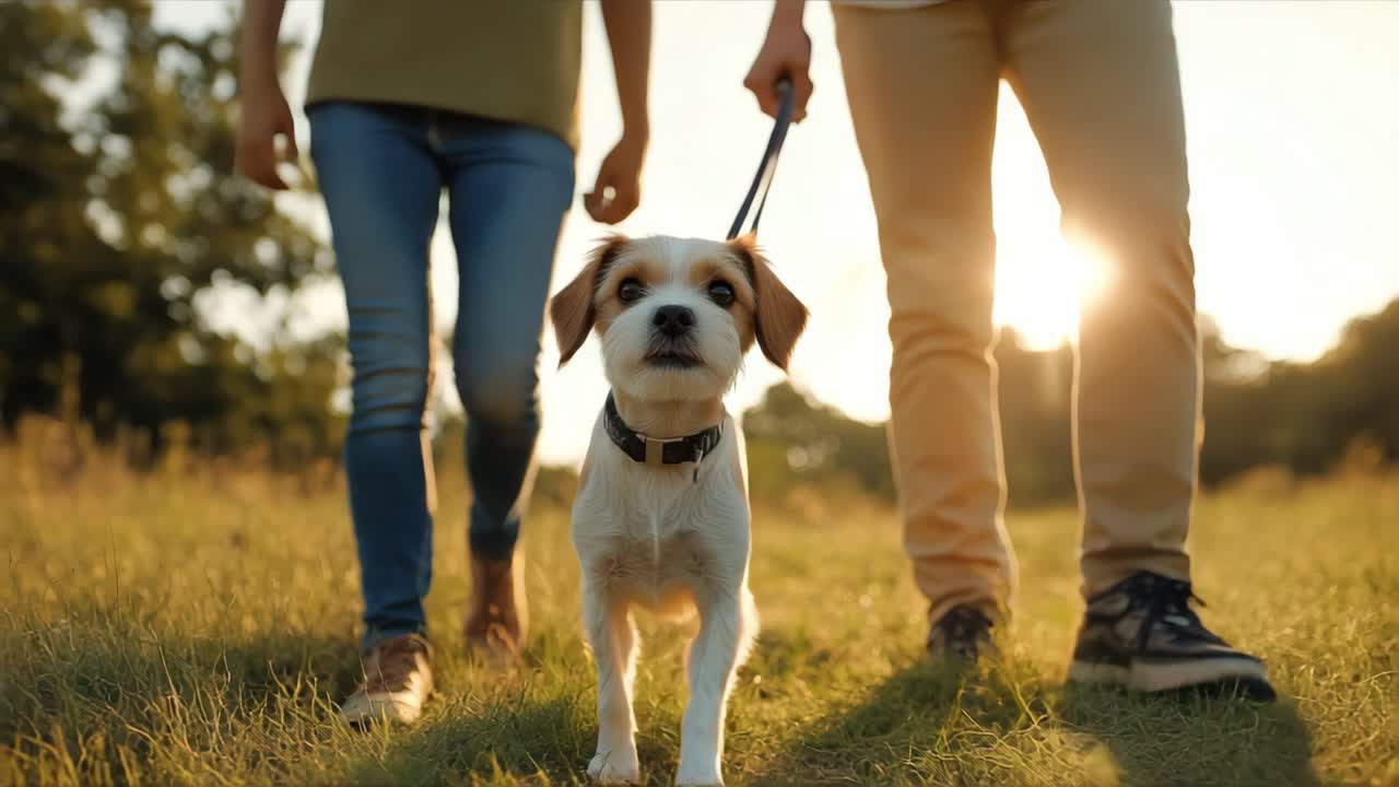 Dog walking in the park with people
