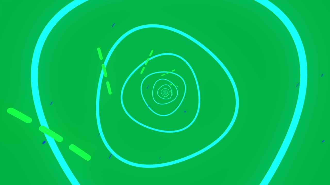 Formas de neón animadas giran, simbolizando energía y color sobre un fondo azul.