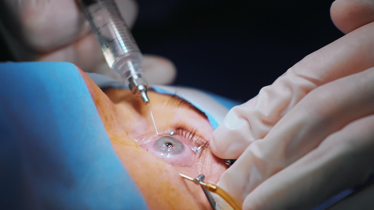 Corrección de la visión con láser. Un paciente y un equipo de cirujanos en el quirófano durante una cirugía oftálmica. Espéculo para párpados. Tratamiento Lasik. Paciente bajo cubierta estéril.