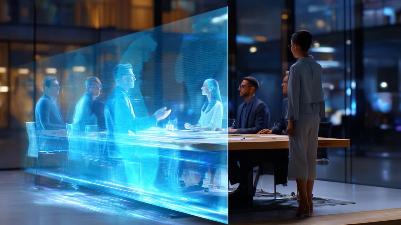 Futuristic Conference Scene Featuring Holographic Technology: A Strategic Meeting Unfolds with Virtual Participants Engaging in Dynamic Discussions around a Glass Boardroom Table