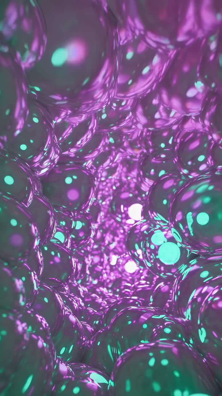 Iridescent bubbles forming tunnel like structure, glowing with vibrant purple and turquoise, creating surreal, mesmerizing abstract visual landscape