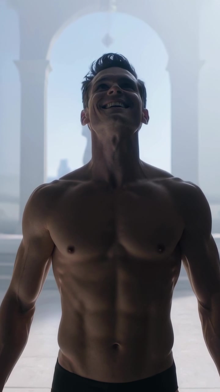 Video verticale: La telecamera si allontana mostrando un uomo a torso nudo che inclina la testa all'indietro sorridendo sotto un arco, con slip neri.