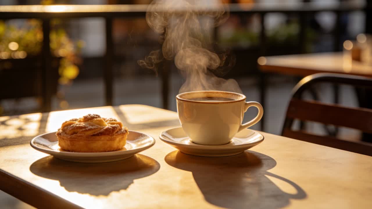 Vapore che sale da una tazza da caffè in ceramica bianca e una pasta su un tavolo da caffè, mentre la bevanda calda si raffredda.