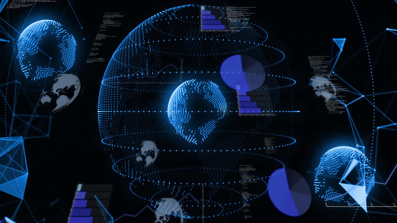 Animation of data processing and network of connections over globe