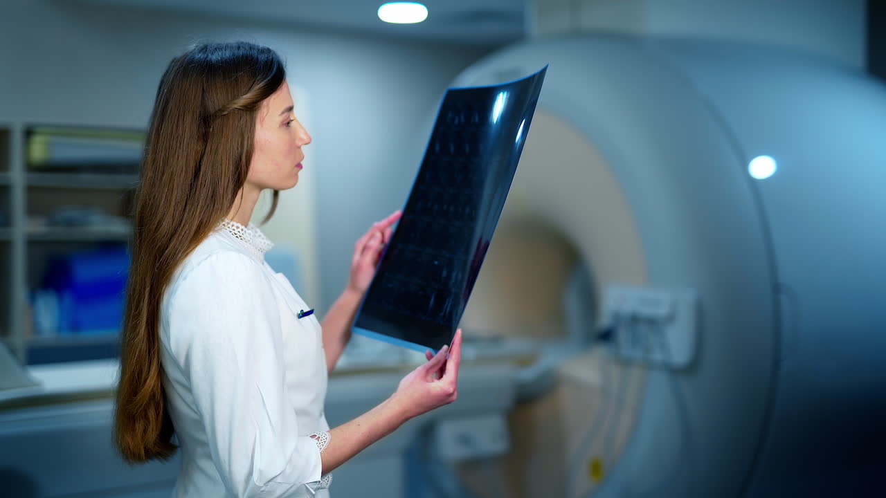 Doctor examining MRI picture. Female doctor looking at x-ray radiographic results