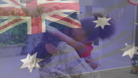 animation of australian flag over diverse daughter hugging mother tightly after coming home