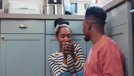 Kitchen-floor,-coffee-and-happy-black-couple-love