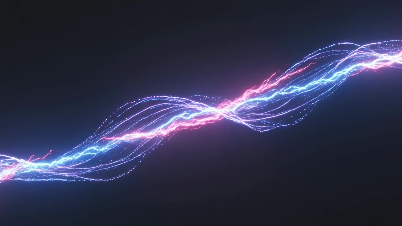 Entering lower-left luminous braided filaments weaving on dark backdrop, sparking, swapping strands