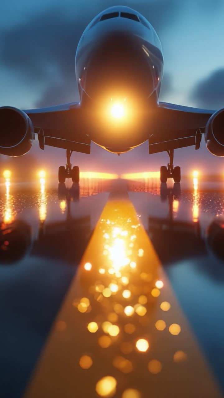 Una vista impresionante de un avión a reacción iluminado con luces brillantes, posado en la pista al acercarse el crepúsculo, mostrando un reflejo brillante en la superficie mojada