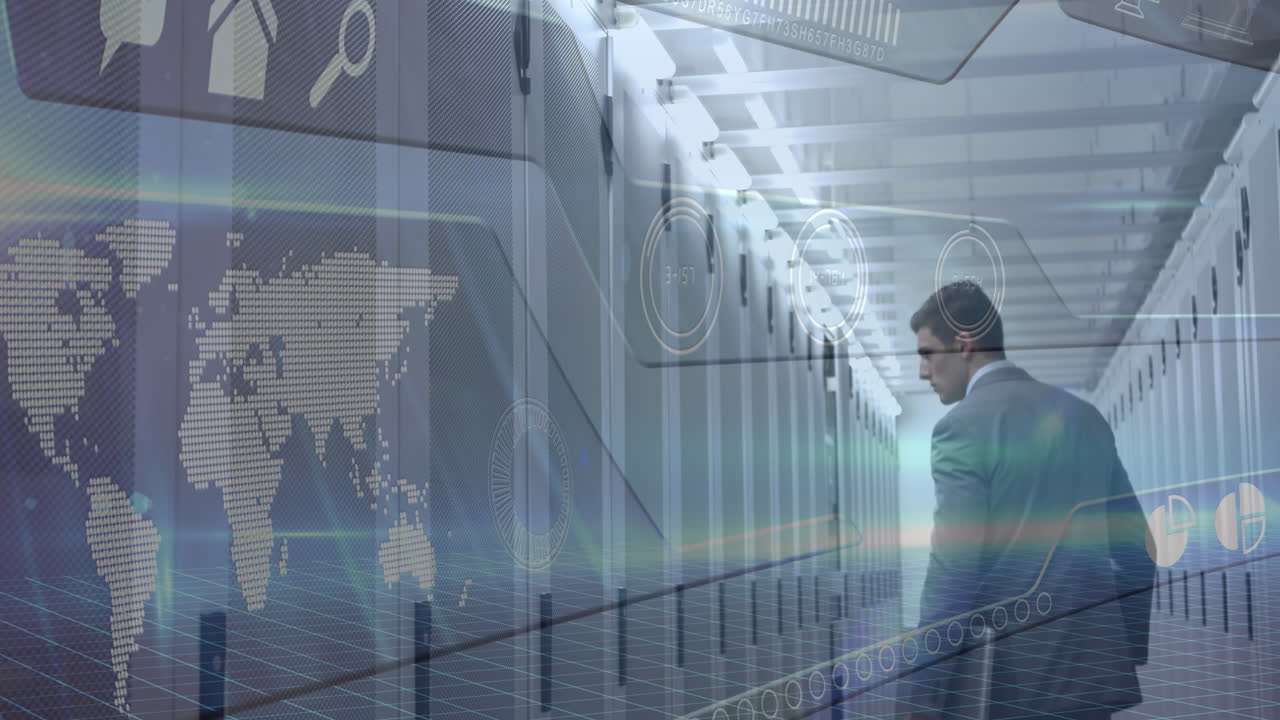 animación de un mapa del mundo e íconos tecnológicos sobre hombre caucásico trabajando en la sala de servidores