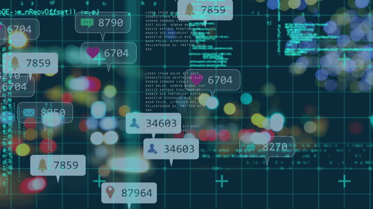 Animation of data processing and media icons over cityscape at night