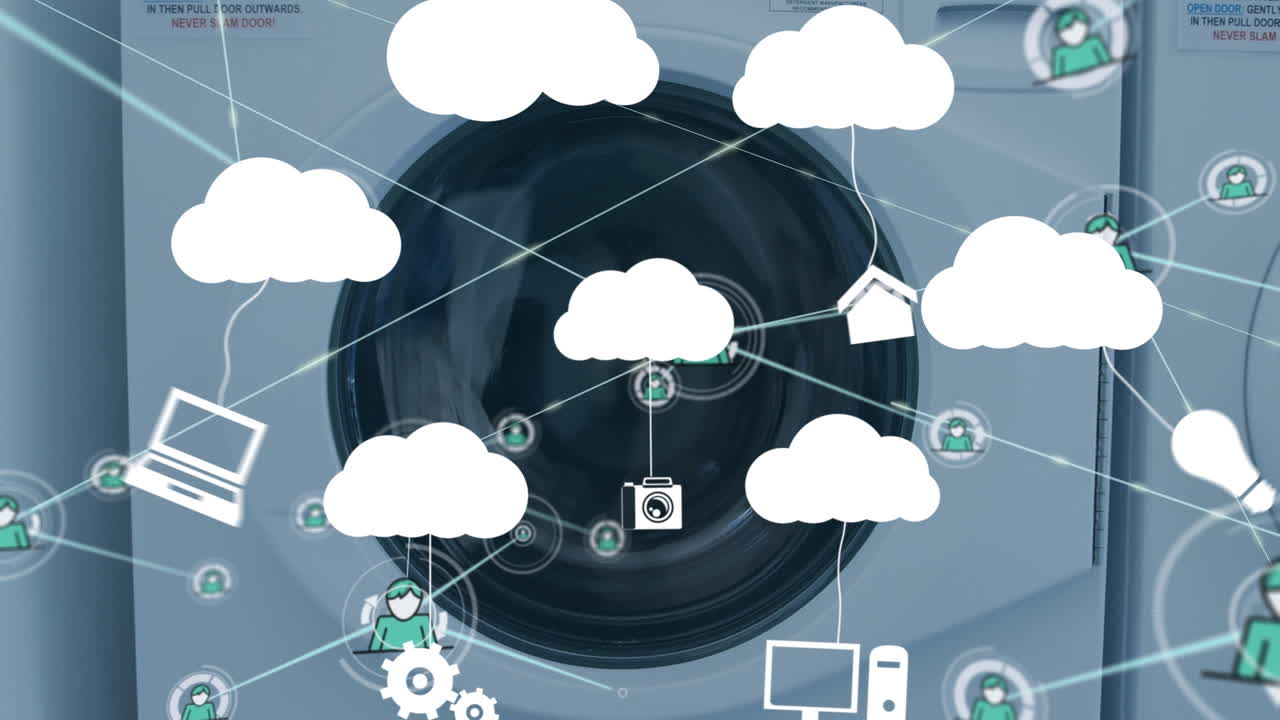 Animation of network of connections, clouds and percent going over washing machine