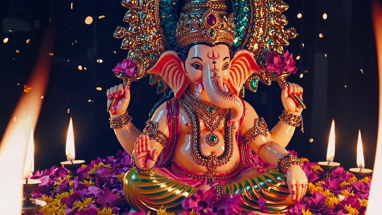Low-angle shot of a vibrant Ganesha idol surrounded by flowers and candles, creating a spiritual
