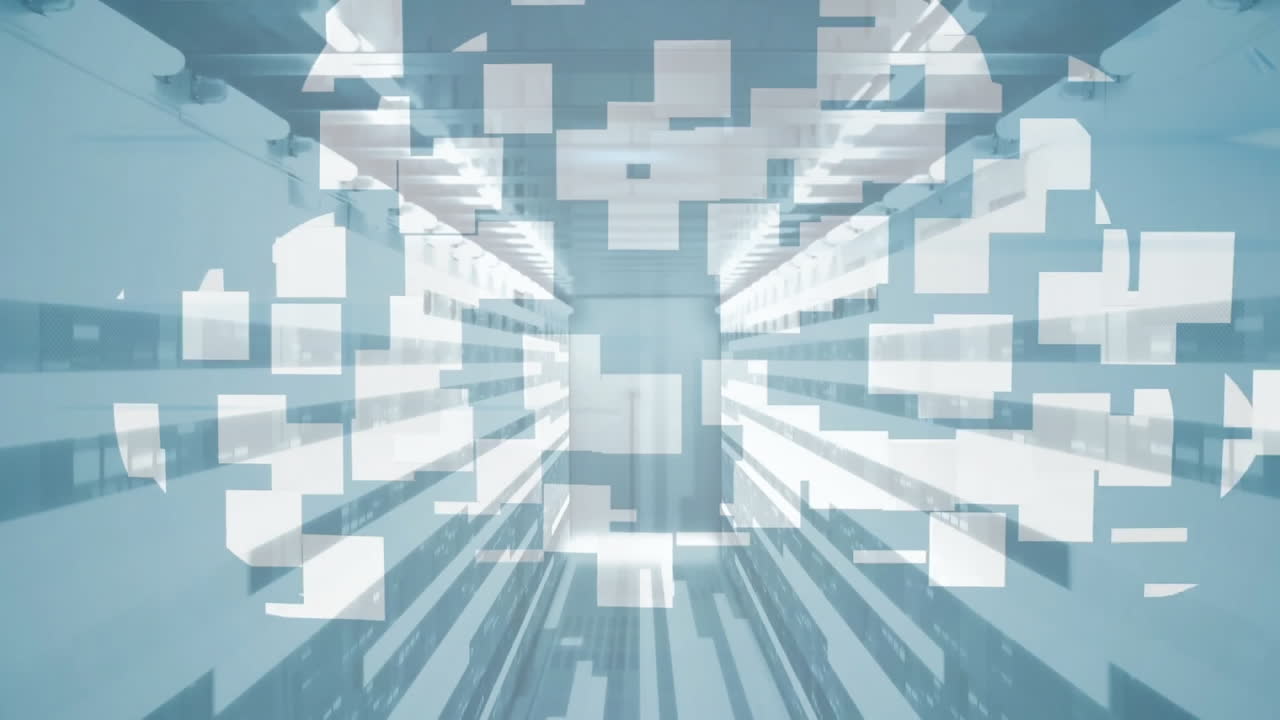 컴퓨터 서버를 통해 디지털 클라우드 및 데이터 처리의 애니메이션