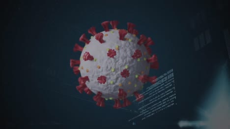 animación digital de la célula de covid-19 contra múltiples pantallas con procesamiento de datos en fondo negro