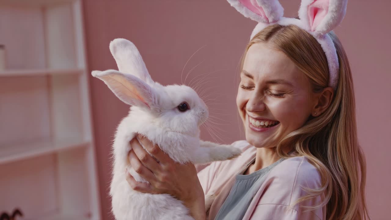A joyful woman wearing bunny ears holds a white rabbit, smiling in a pastel room