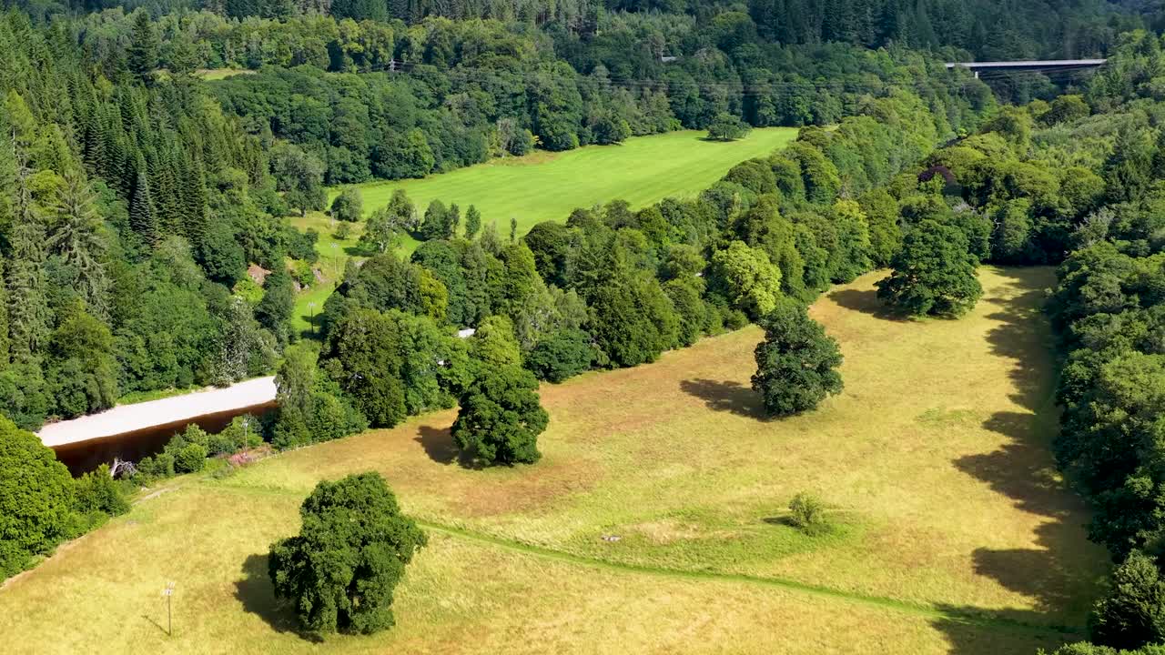Drone glides above lush green forest, river, and open meadow in bright natural daylight