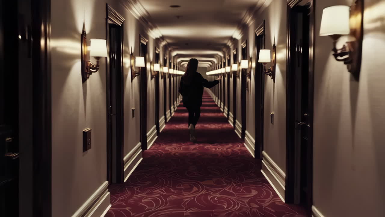 el pasillo vacío del hotel por la noche.