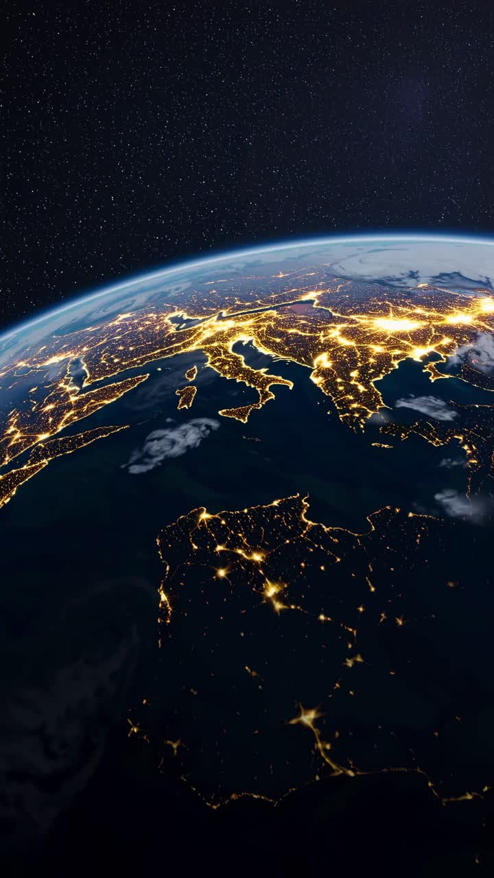 Aerial video concept of Earth from space, showcasing city lights and swirling clouds