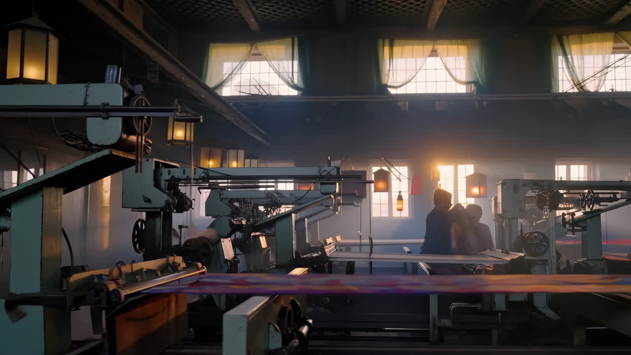 Textile factory with weaving machinery and workers at sunset