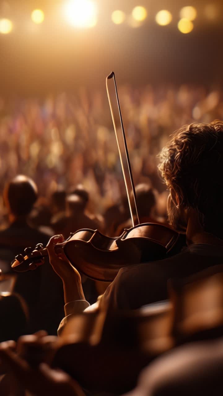 Un Pubblico Affascinato Assiste a una Performance Straordinaria Mentre un Violinista Suona Abilmente, Dando Vita alla Musica in un'Atmosfera di Concerto Vibrante e Illuminata
