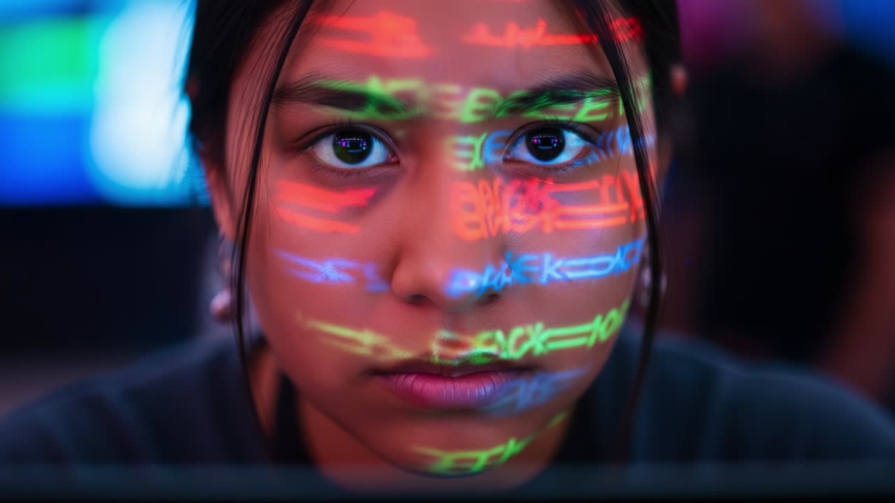 A captivating young girl gazes intensely as colorful digital patterns reflect across her face, embodying the intersection of technology and human emotion in a mesmerizing display of light and expression