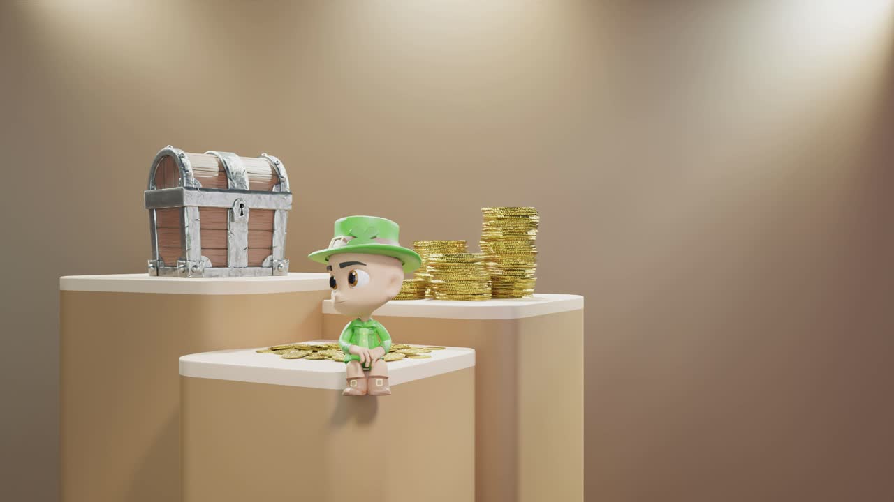 세인트 패트릭 데이 아일랜드 컨셉 아일랜드 난쟁이 제품 온라인 전자 상거래 디스플레이 금 보물과 돈 동전 갈색 배경