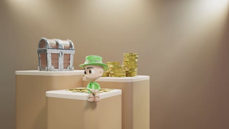 세인트 패트릭 데이 아일랜드 컨셉 아일랜드 난쟁이 제품 온라인 전자 상거래 디스플레이 금 보물과 돈 동전 갈색 배경