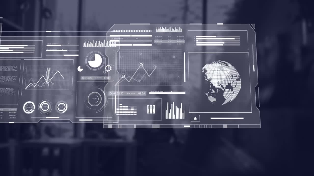 Animation of interface with data processing against man and woman near a window at office