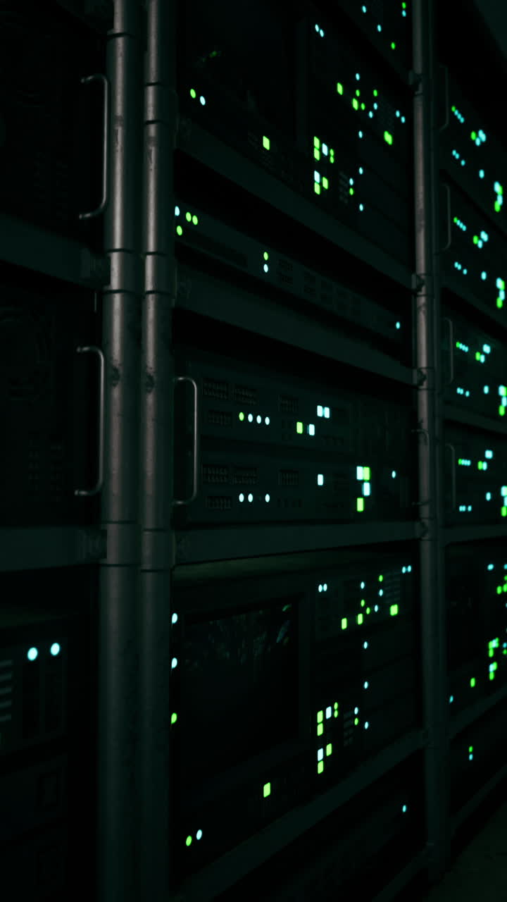 sala de servidores oscura con componentes iluminados