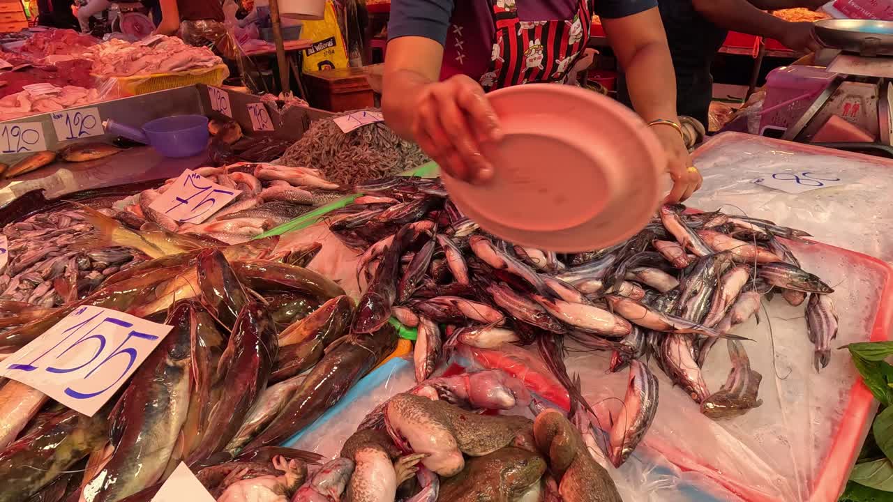 Vendor organizing fish at a busy market stall