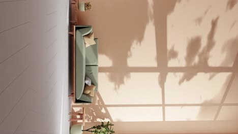 vertical of modern apartment living room with couch and shadows of clouds moving on the brown sandy wall by gently summer wind breeze rendering animation architecture interior design concept