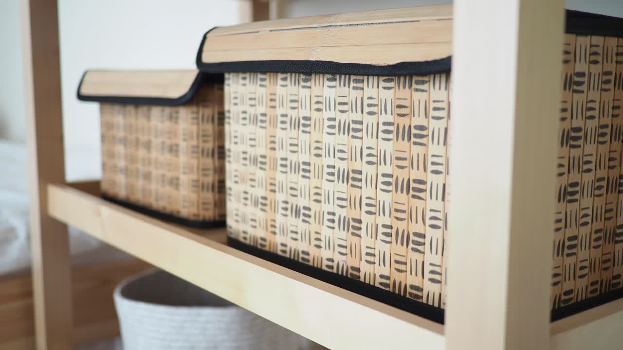 Storage baskets on shelves