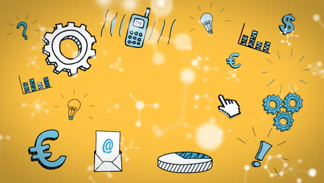animación digital de estructuras moleculares sobre múltiples iconos de conceptos de negocios en fondo amarillo
