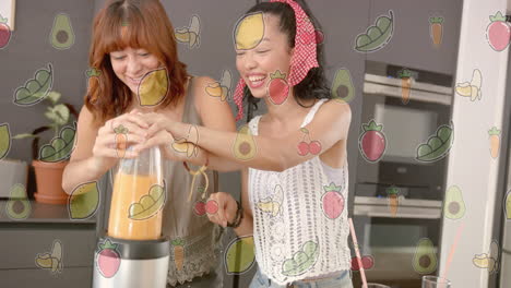 blending smoothie, two women smiling with fruits and vegetables animation over them