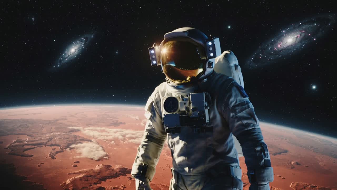 Cámara panorámica mientras un astronauta con traje espacial gira e inclina la visera, bajando el brazo para centrar la cámara pectoral sobre Marte.