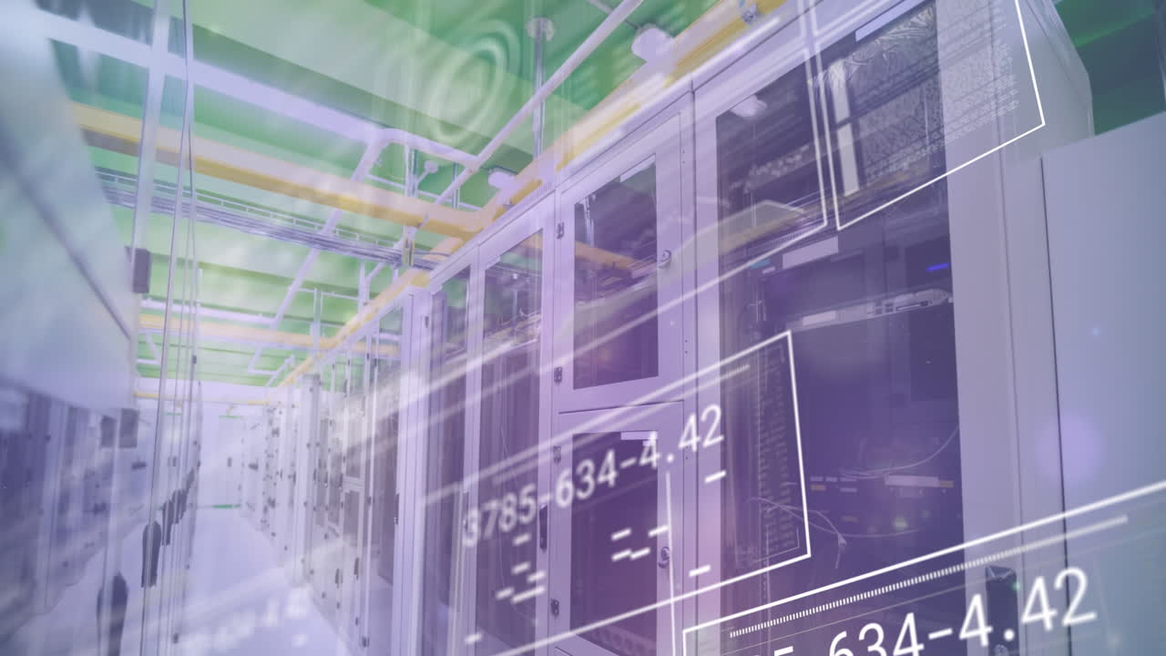 animación de la interfaz con procesamiento de datos y puntos de luz contra la sala de servidores de computadoras