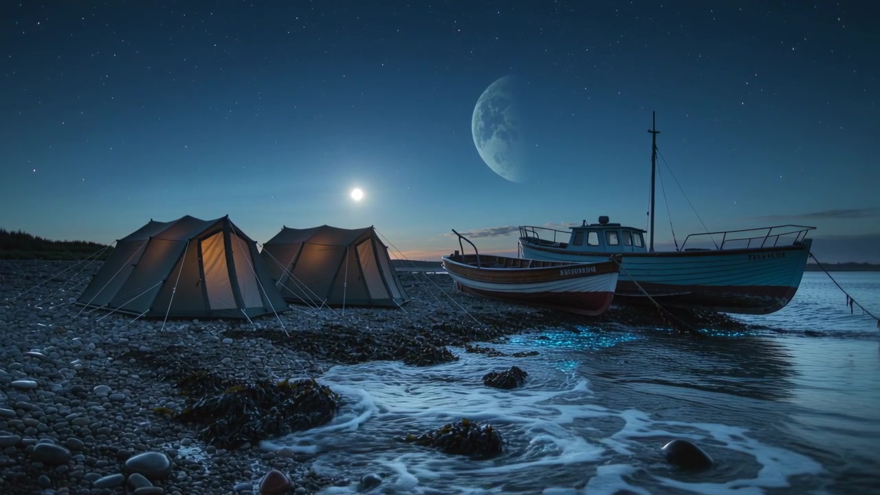Marea crescente che spinge l'acqua verso tende illuminate e barche arenate sulla riva, riflessi al chiaro di luna